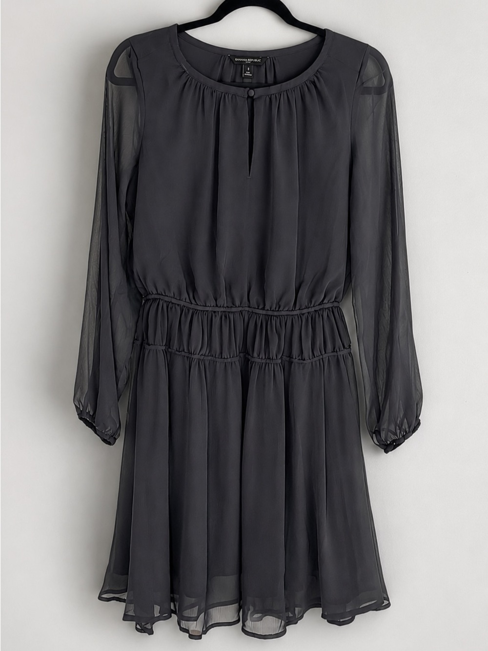 Banana Republic Black Long Sheer Sleeves Pintuck Dress Smocked Waist Sz S Petite